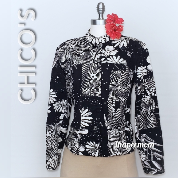 Chico's Jacket Stretch Denim Floral Black White - Picture 7 of 8